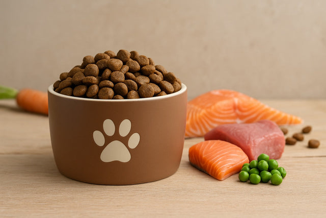 Hochwertiges Trockenfutter für Hunde in einem braunen Keramiknapf auf natürlichem Holztisch – ausgewogene, getreidefreie Ernährung für alle Hunderassen