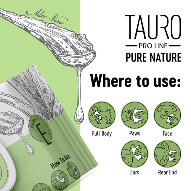 TAURO PRO LINE – Pure Nature | Feuchttücher mit Aloe Vera – sanfte Reinigung für Haut & Fell von Hunden & Katzen - 40 Stück