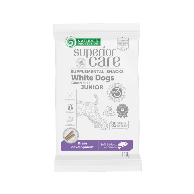 Nature's Protection, Superior Care - Grain-Free Snack with Salmon - Junior Dogs up to 12 months, all breeds, white coat, supports brain development - 110 g