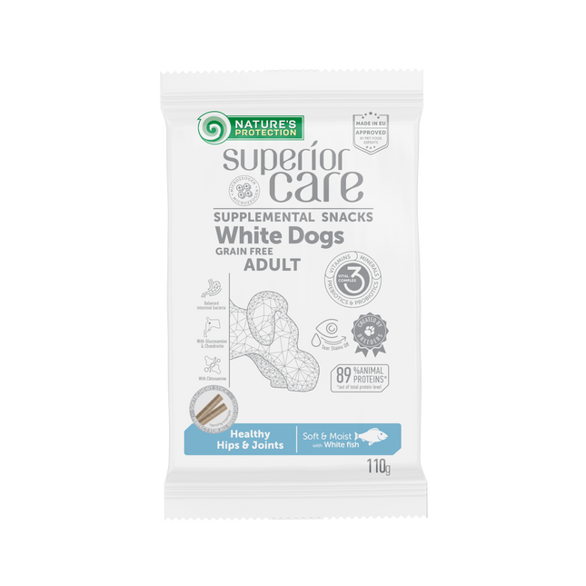 Nature's Protection, Superior Care - Grain-Free Snack with Whitefish - Adult Dogs, All Breeds, White Coat, for Healthy Hips & Joints - 110 g