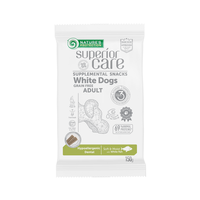 Nature's Protection, Superior Care - Grain-Free Snack with White Fish - Adult Dogs, All Breeds, White Coat, for Hypoallergenic Dental Care - 150 g