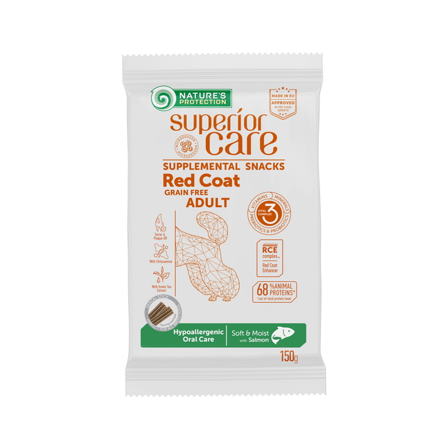 Nature's Protection, Superior Care - Grain-Free Snack with Salmon - Adult Dogs, All Breeds, Red Coat, Hypoallergenic Dental Care - 150 g