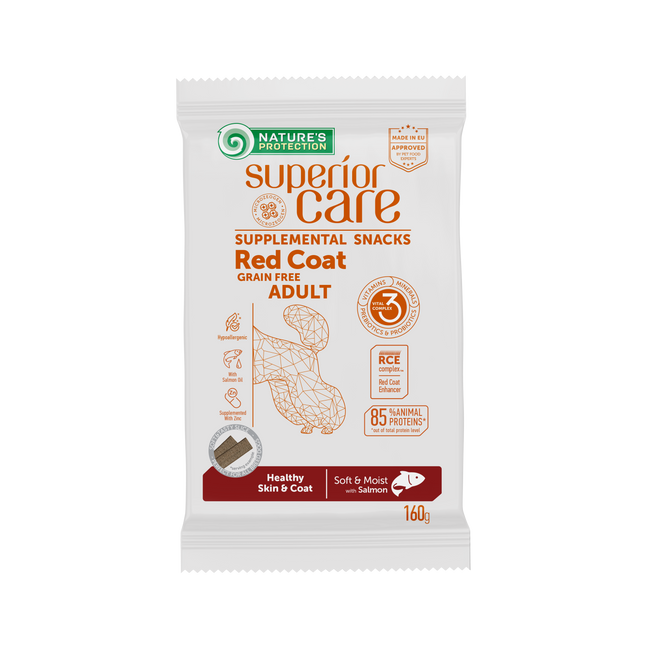 Nature's Protection, Superior Care - Grain-Free Snack with Salmon - Adult Dogs, All Breeds, Red Coat, for Healthy Skin & Shiny Coat - 160 g