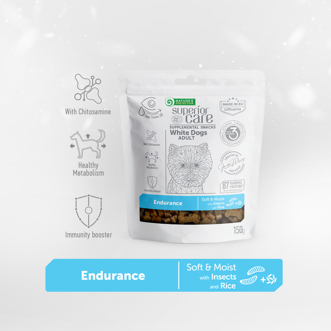 Nature's Protection, Superior Care - Snack with Insects & Rice - Adult Dogs, All Breeds, White Coat, Endurance Support - 150 g
