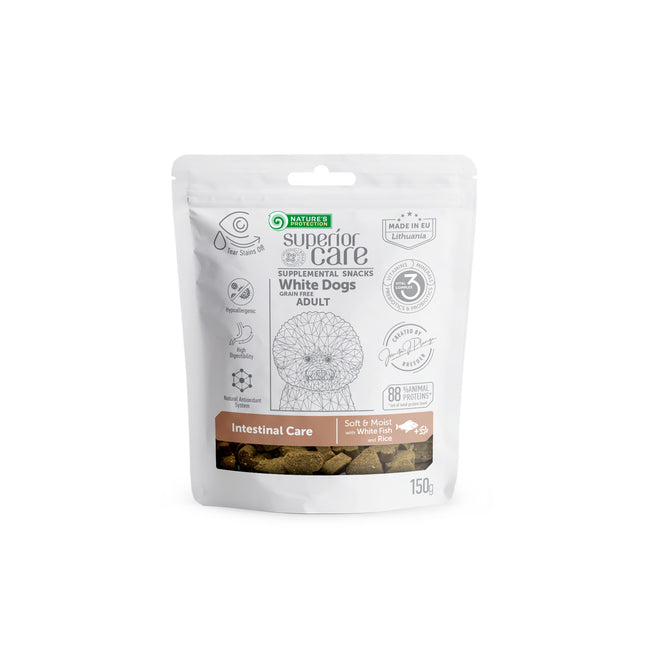 Nature's Protection, Superior Care - Snack with White Fish & Rice - Adult Dogs, All Breeds, White Coat, Supports Intestinal Health - 150 g