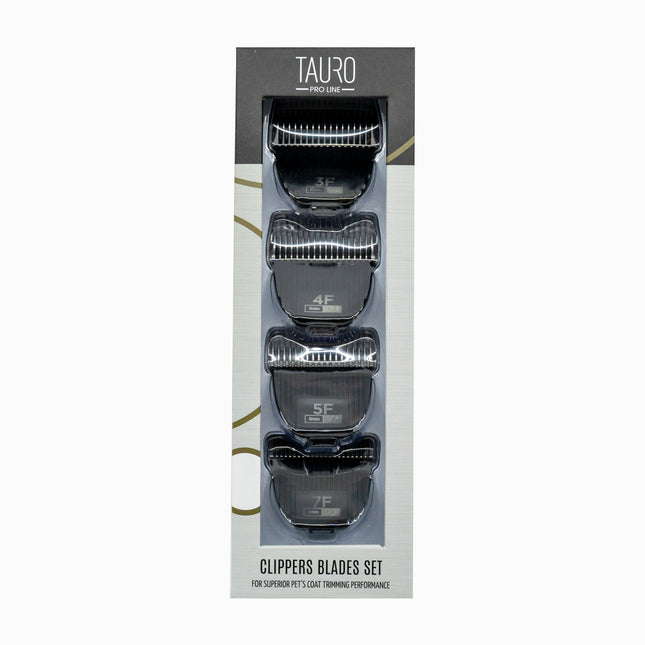 TAURO PRO LINE – Premium Edelstahl-Schneidsätze – für TP909 Haarschneider, 4 Längen, langlebig & tierhautschonend