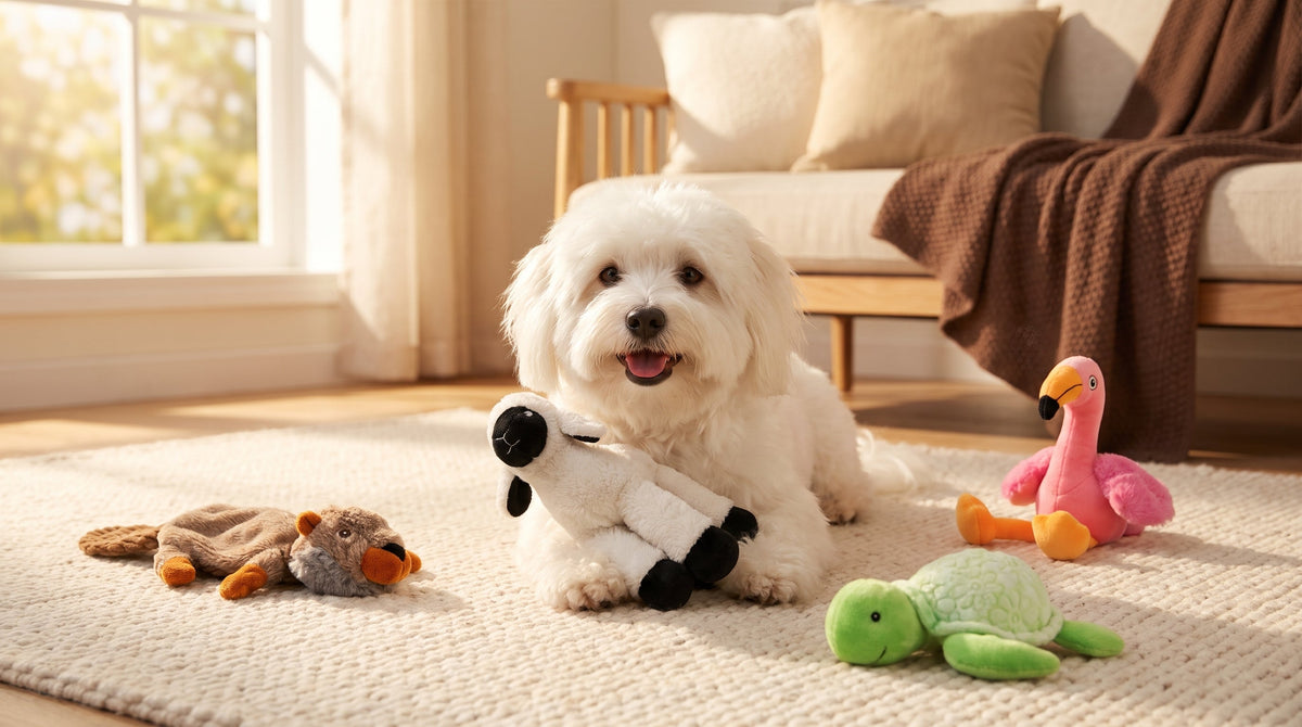 Weißer Coton de Tuléar mit Chadog Plüschtieren: Schaf, Biber, Flamingo und Schildkröte