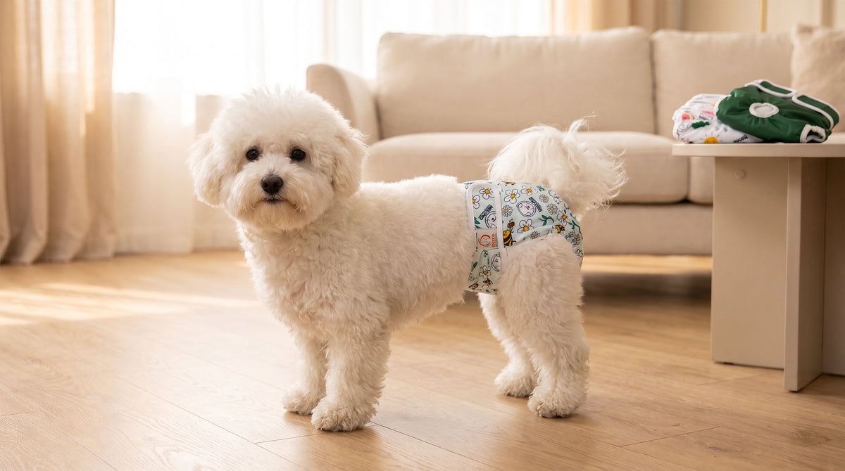Bichon Frisé mit waschbarer Misoko Hündinnenwindel im Wohnzimmer