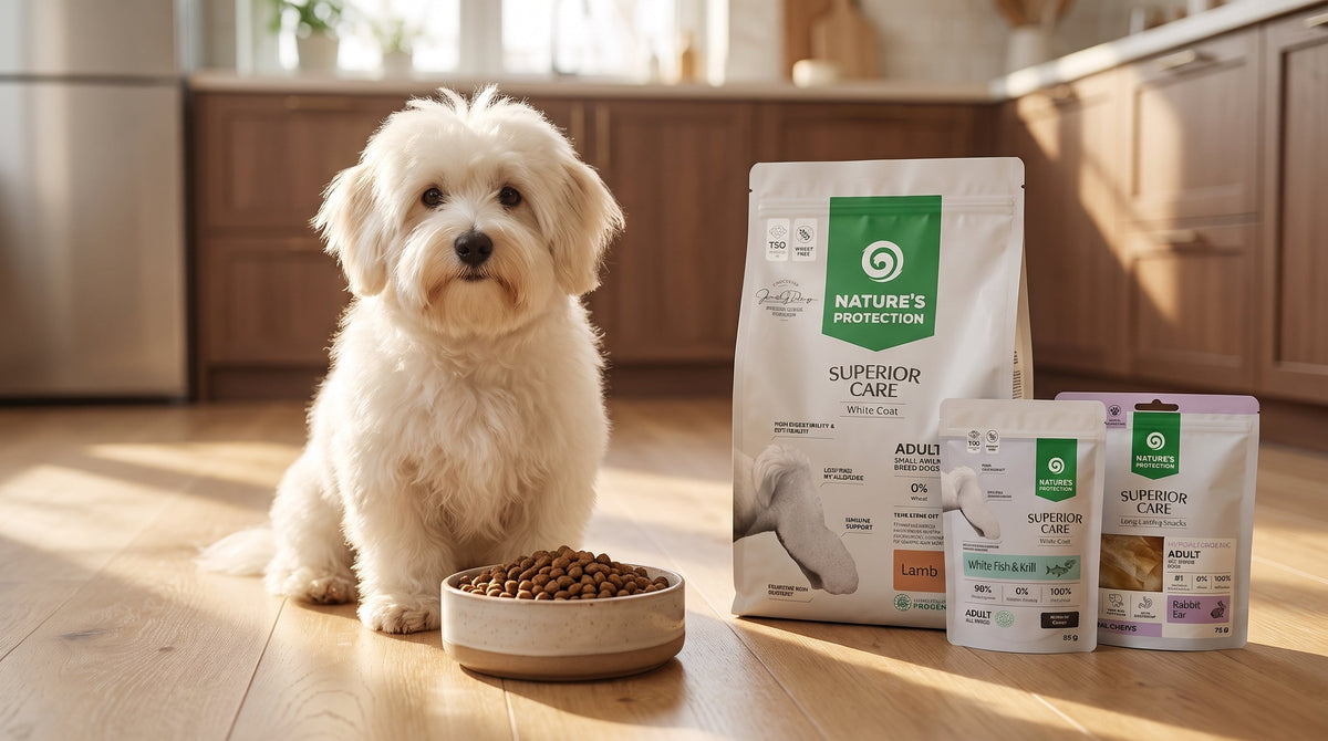 Weißer Coton de Tuléar mit Nature's Protection Superior Care Futter für weiße Hunde