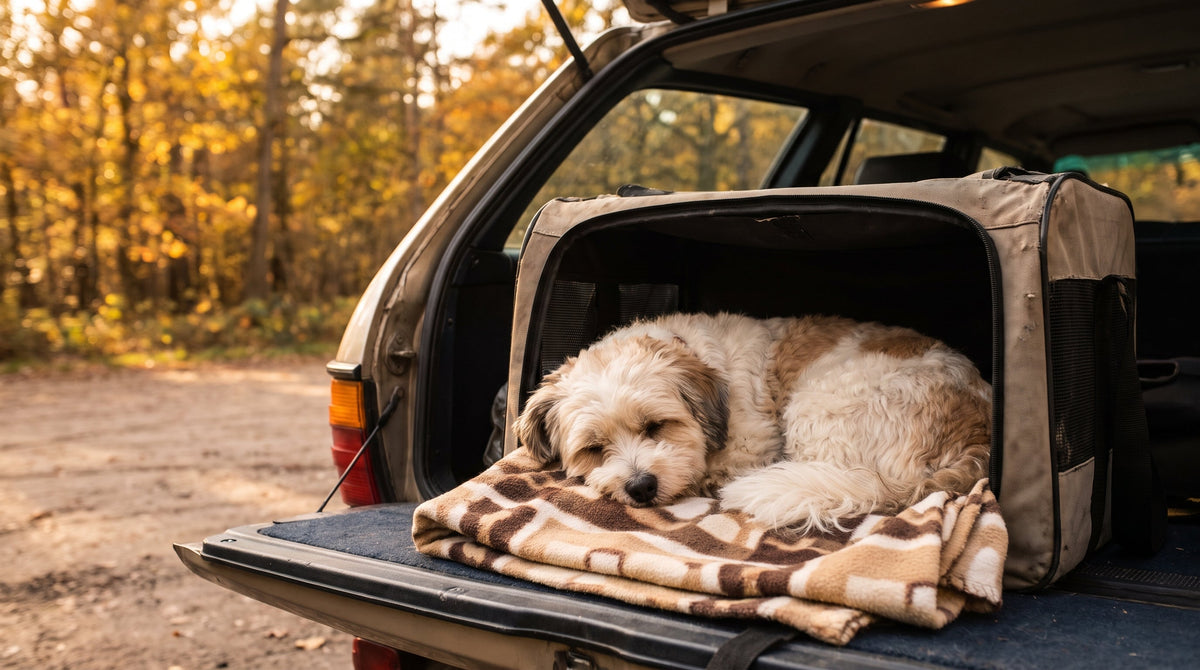 Kleiner Hund auf einer O´LALA PETS Reisedecke in der Transportbox
