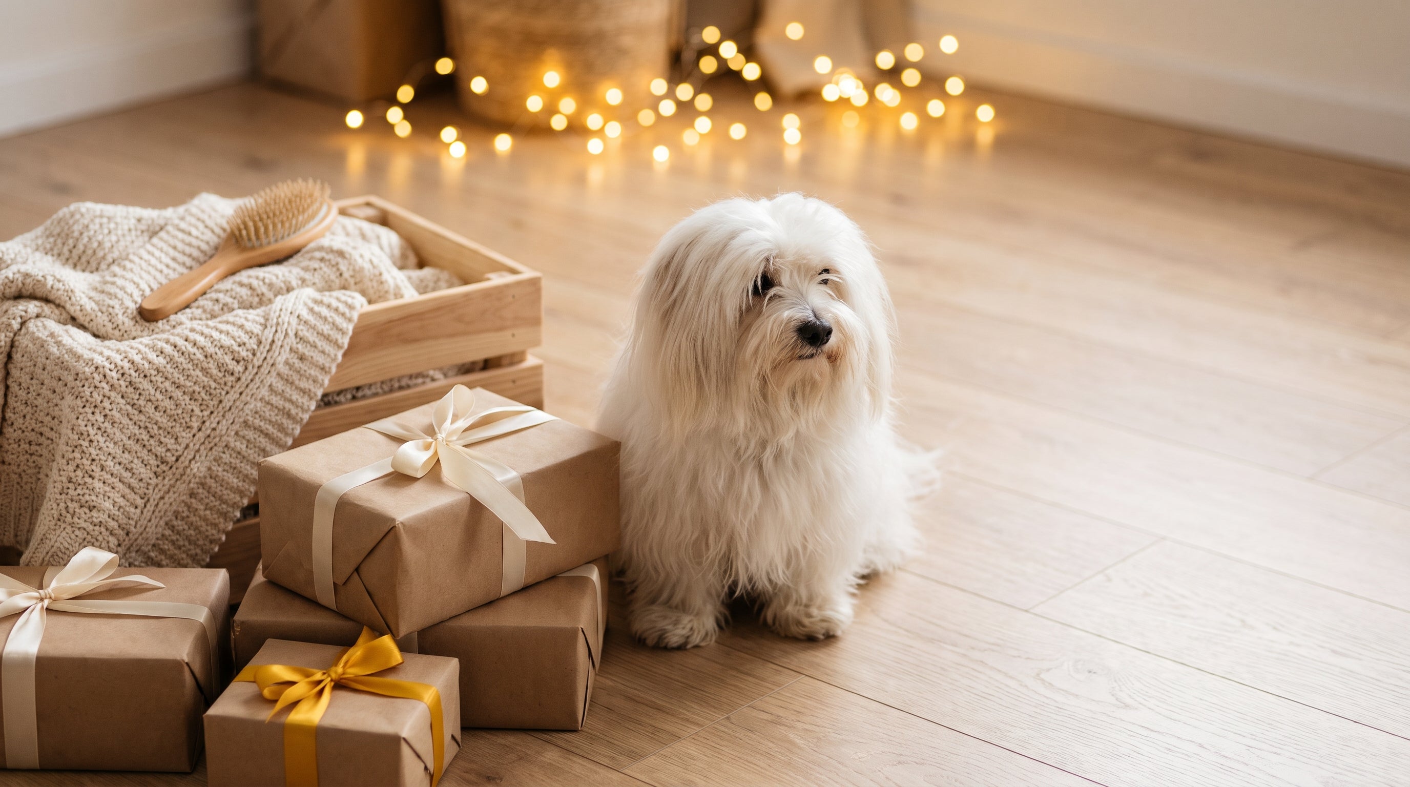 Geschenk für Hundebesitzer: Coton de Tuléar neben Weihnachtsgeschenken mit Bürste und Decke