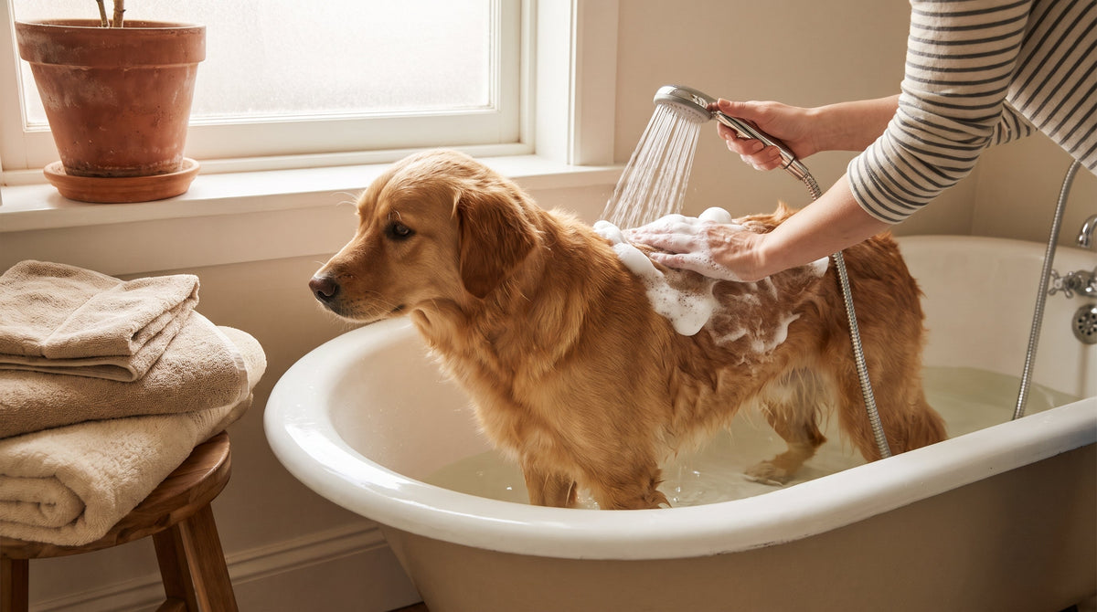 Hund mit Juckreiz und trockener Haut wird lauwarm mit mildem Shampoo gebadet