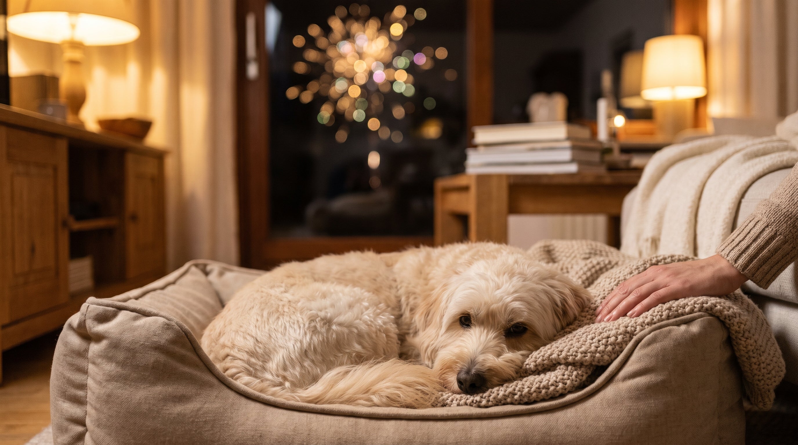Hund hat Angst an Silvester: Hund liegt ruhig in seinem Rückzugsort aus Decken