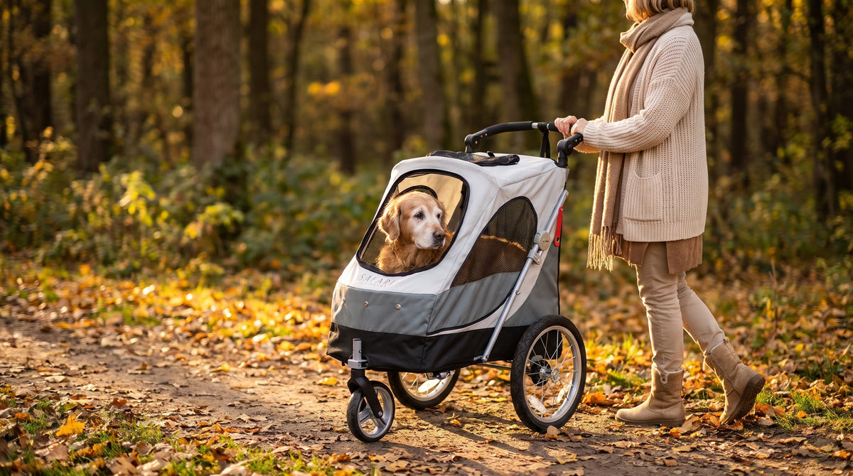 Hundebuggy für große Hunde: älterer Hund liegt im Petstro Hundewagen auf einem Waldweg