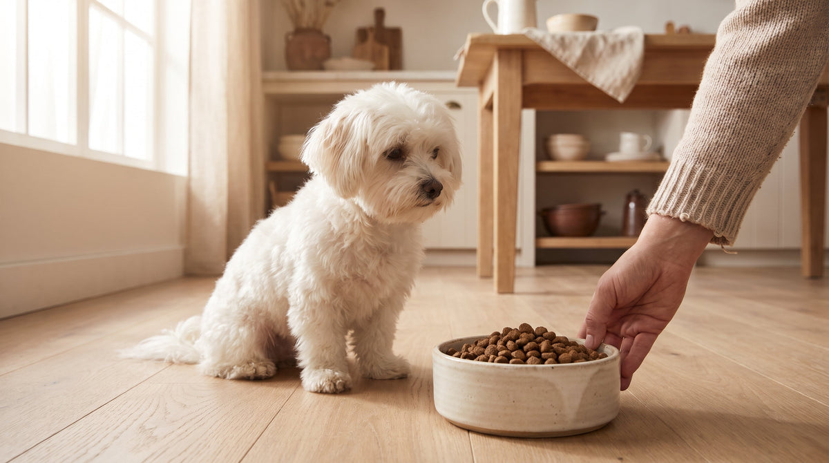 Hundefutter sensitiv: kleiner weißer Hund wartet auf seinen Napf mit Trockenfutter