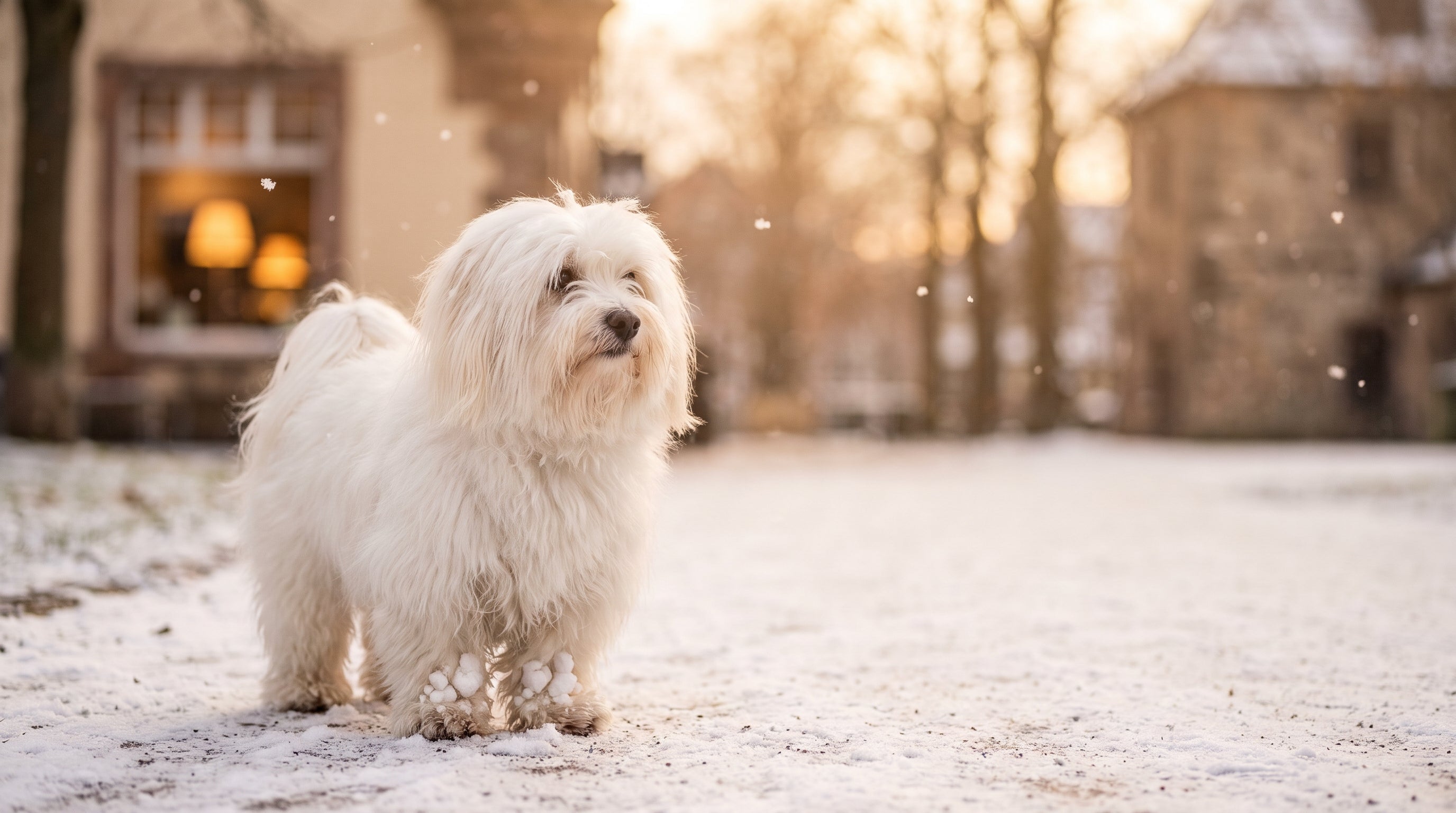 Pfotenpflege im Winter: Coton de Tuléar mit Schnee zwischen den Pfoten