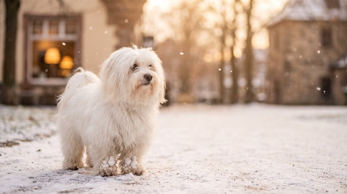 Pfotenpflege im Winter: Coton de Tuléar mit Schnee zwischen den Pfoten