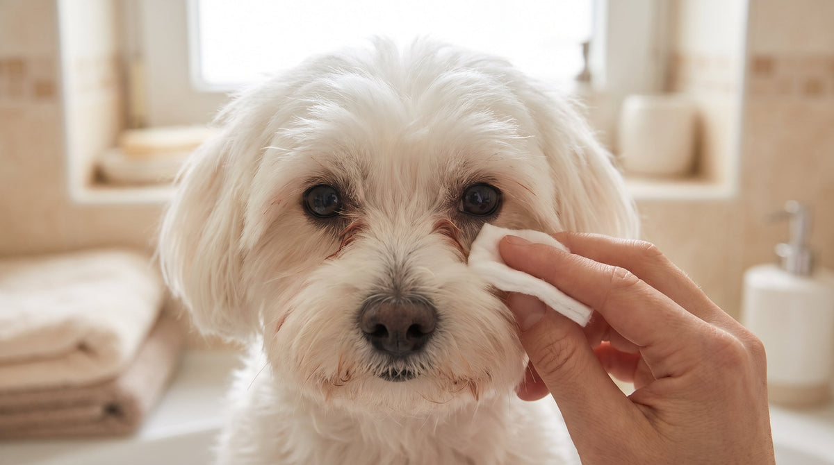 Tränenflecken beim Hund entfernen: der Augenwinkel wird mit einem Wattepad gereinigt