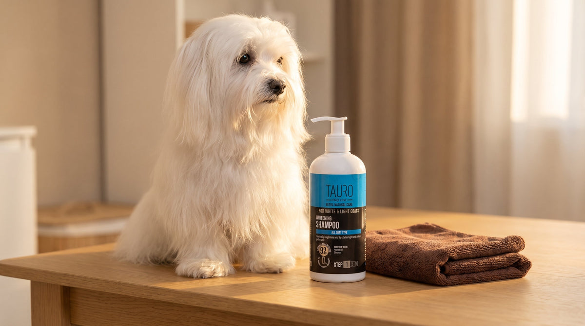 Weißes Fell beim Hund pflegen: frisch gewaschener weißer Malteser mit Tauro Whitening Shampoo