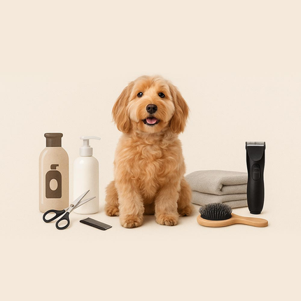 Hund beim Grooming – sitzend in der Mitte, umgeben von Pflegeartikeln wie Bürste, Kamm, Shampoo und Handtuch.