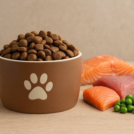 Hochwertiges Trockenfutter für Hunde in einem braunen Keramiknapf auf natürlichem Holztisch – ausgewogene, getreidefreie Ernährung für alle Hunderassen
