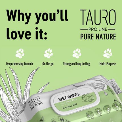 TAURO PRO LINE Pure Nature Aloe Vera, lingettes humides pour le soin du pelage des chiens et des chats - 40 pcs