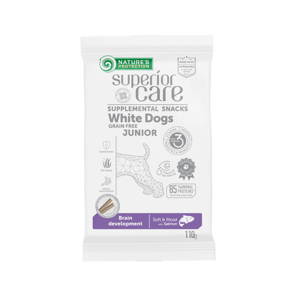 Nature's Protection, Superior Care - Getreidefreies Snack mit Lachs für Gehirnentwicklung - Junior, Alle Rassen, Weißes Fell