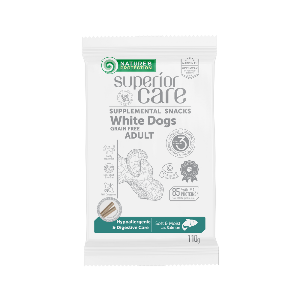 Nature's Protection, Superior Care - Getreidefreies Snack mit Lachs, Hypoallergen - Erwachsen, Alle Rassen, Weißes Fell