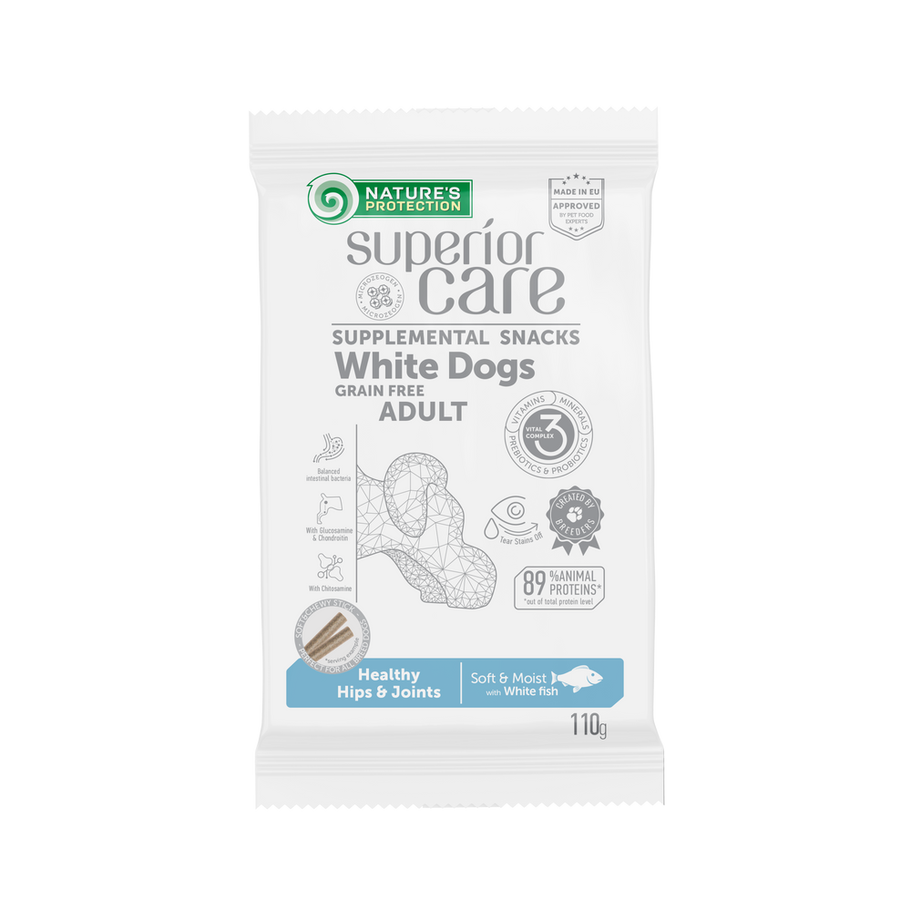 Nature's Protection, Superior Care - Getreidefreies Snack mit Weißfisch für Hüften & Gelenke - Erwachsen, Alle Rassen, Weißes Fell