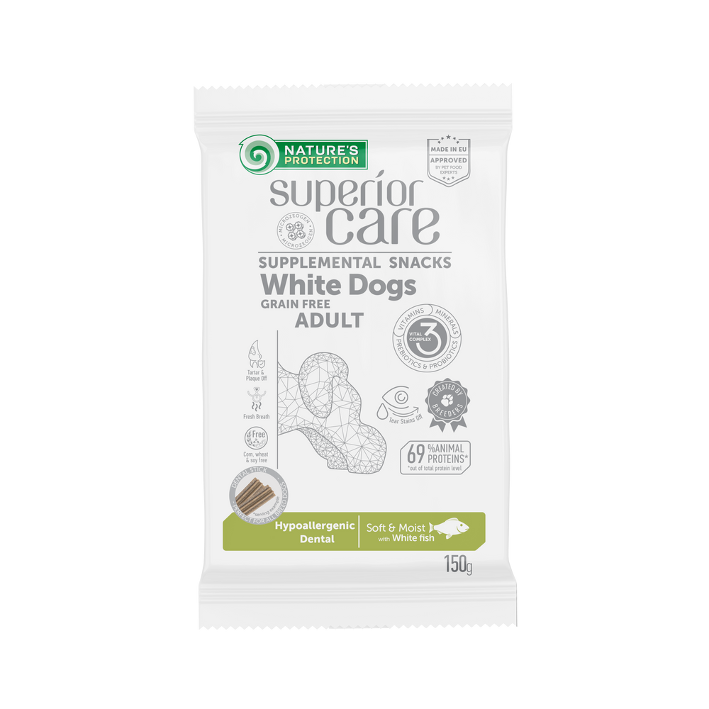 Nature's Protection, Superior Care - Getreidefreies Snack mit Weißfisch für Hypoallergene Zahnpflege - Erwachsen, Alle Rassen, Weißes Fell