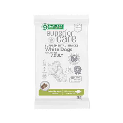 Nature's Protection, Superior Care - Grain-Free White Fish Snack for Hypoallergenic Dental Care - Adult, All Breeds, White Coat