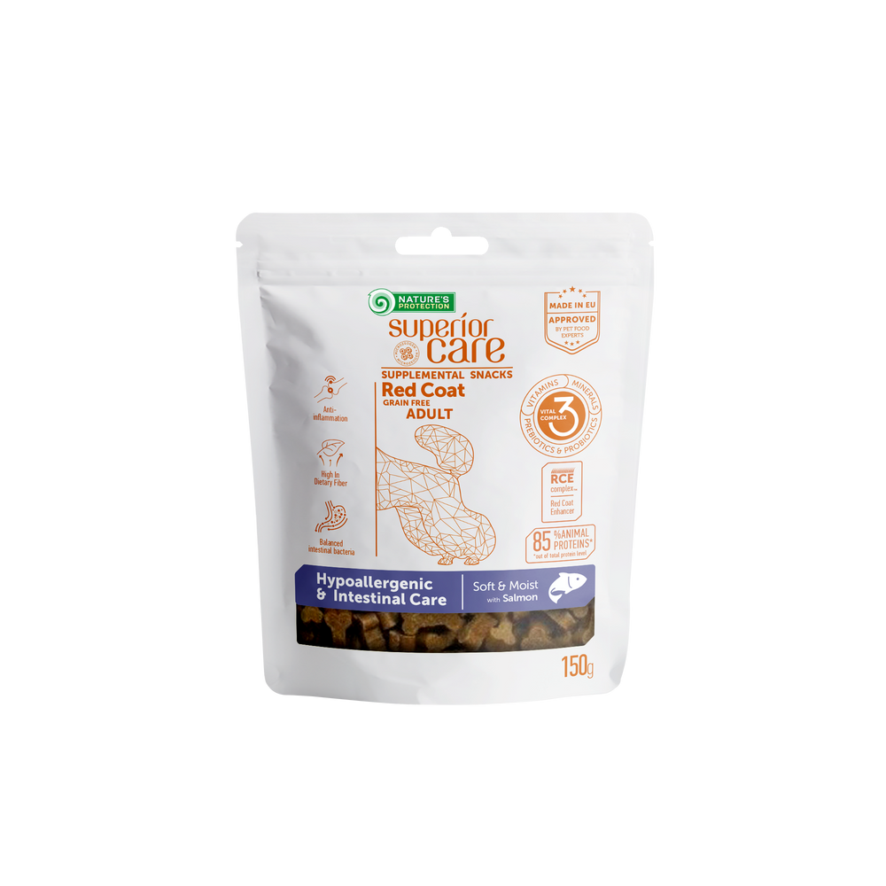 Nature's Protection, Superior Care - Getreidefreies Snack mit Lachs für Hypoallergene Darmgesundheit - Erwachsen, Alle Rassen, Rotes Fell