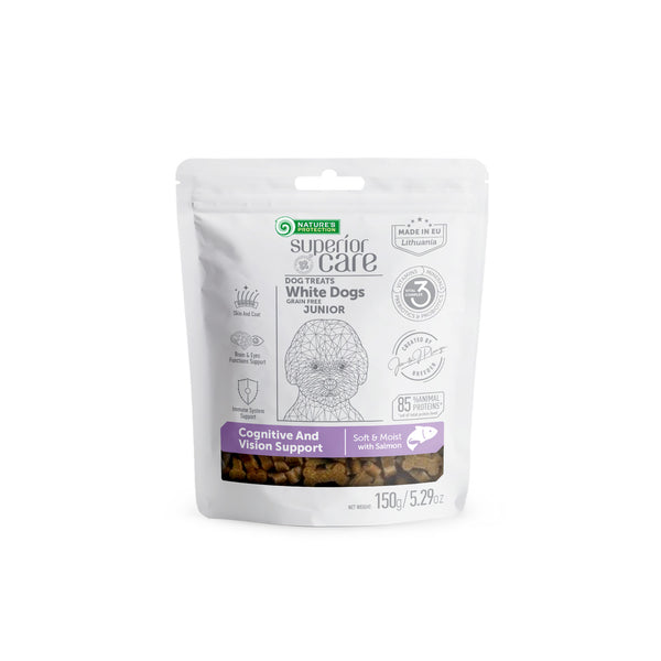 Nature's Protection, Superior Care - Getreidefreies Snack mit Lachs für Kognition & Sehkraft - Junior, Alle Rassen, Weißes Fell