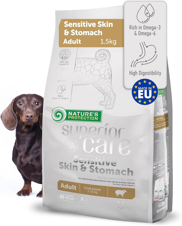 Nature's Protection, Superior Care, Sensitive Skin & Stomach - Weizenfreies Trockenfutter mit Lamm - Erwachsen, Kleine Rassen, Alle Felltypen