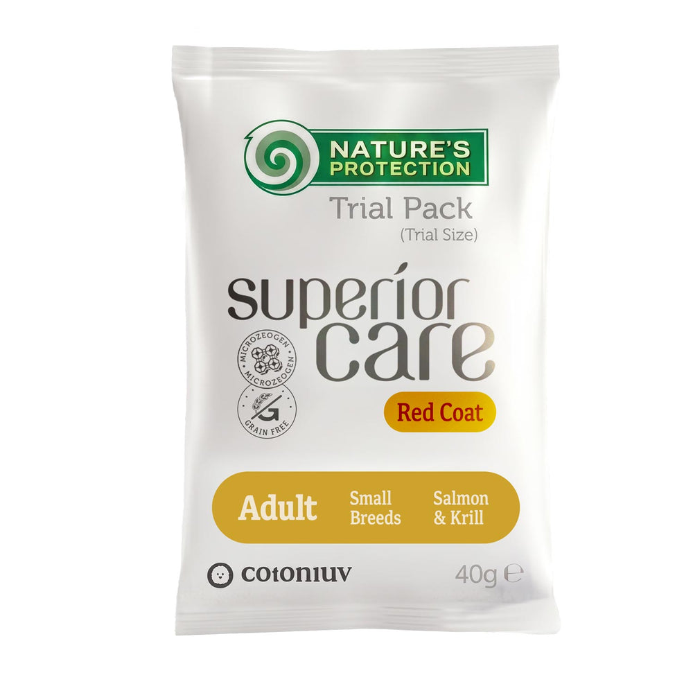Nature's Protection, Superior Care Futterprobe - Getreidefreies Trockenfutter mit Lachs & Krill - Erwachsen, Kleine Rassen, Rotes Fell