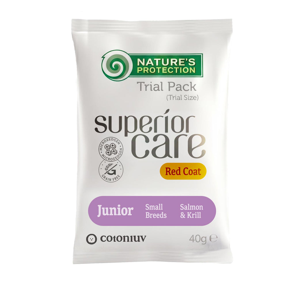 Nature's Protection, Superior Care Futterprobe - Getreidefreies Trockenfutter mit Lachs & Krill - Junior, Kleine Rassen, Rotes Fell