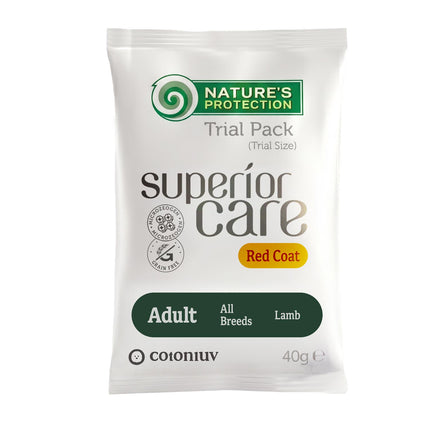 Nature's Protection, Superior Care Futterprobe - Getreidefreies Trockenfutter mit Lamm für ausgewachsene Hunde aller Rassen, rotes Fell