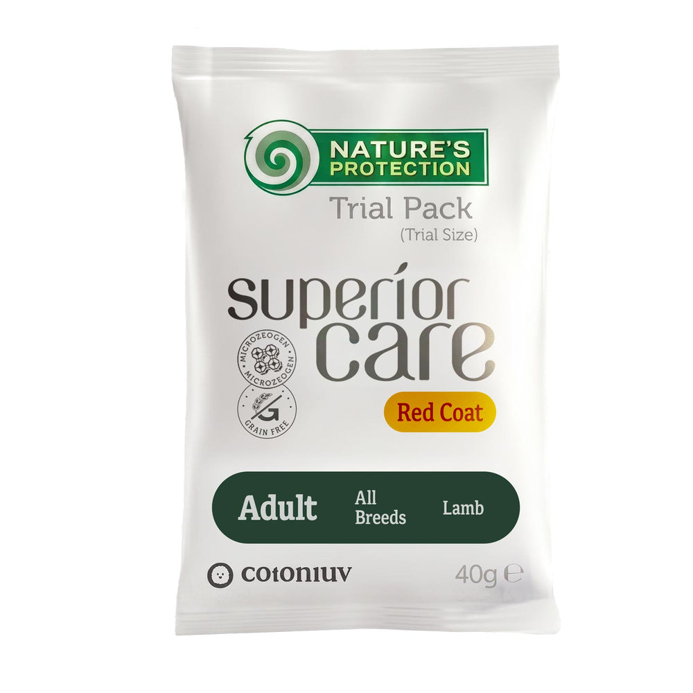 Nature's Protection, Superior Care Futterprobe - Getreidefreies Trockenfutter mit Lamm - Erwachsen, Alle Rassen, Rotes Fell