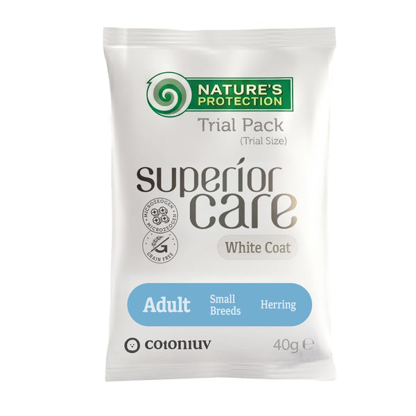 Nature's Protection, Superior Care Futterprobe - Getreidefreies Trockenfutter mit Hering - Erwachsen, Kleine Rassen, Weißes Fell