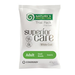 Nature's Protection, Superior Care Futterprobe - Getreidefreies Trockenfutter mit Insekten für ausgewachsene Hunde kleiner Rassen, weißes Fell