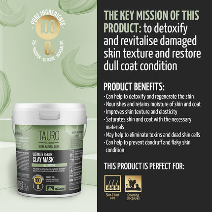 TAURO PRO LINE Ultra Natural Care Ultimate Repair Clay Mask for dogs and cats, ultimate repair clay mask for dogs and cats skin and coat, 450 g
