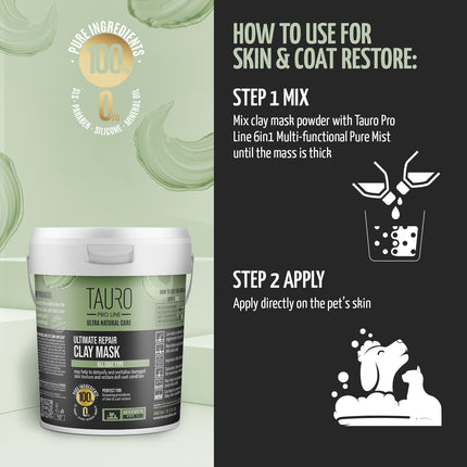 TAURO PRO LINE Ultra Natural Care Ultimate Repair Clay Mask for dogs and cats, ultimate repair clay mask for dogs and cats skin and coat, 450 g