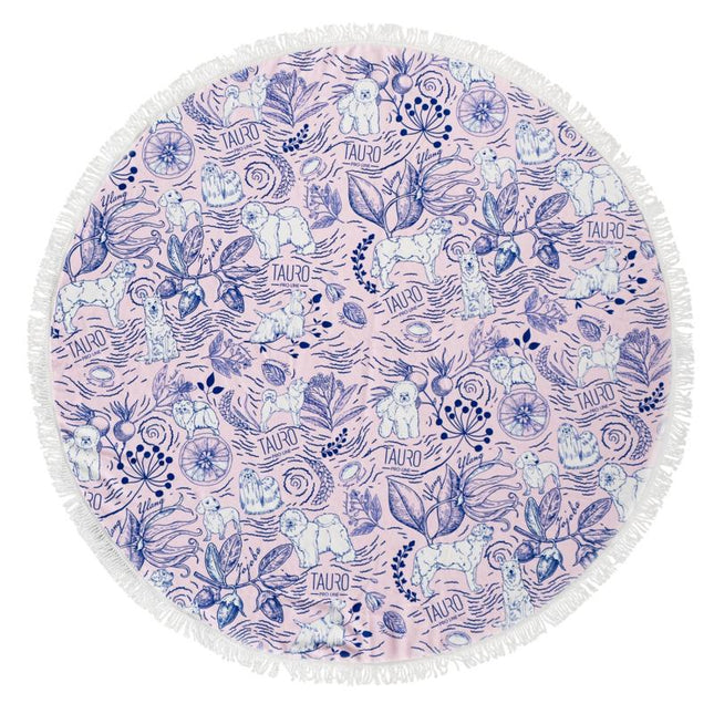 TAURO PRO LINE round microfiber towel, unique design, pink with blue details and fringes, 150x150 cm