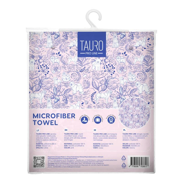 TAURO PRO LINE round microfiber towel, unique design, pink with blue details and fringes, 150x150 cm