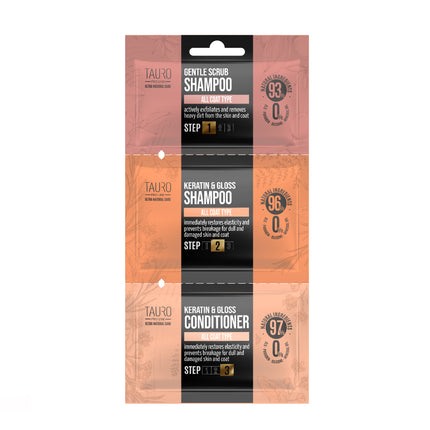 TAURO PRO LINE Ultra Natural Care Gentle Scrub + Keratin &amp; Gloss sample set, dog and cat coat and skin shampoo and conditioner sample set, 1 x 6 ml, 1 x 8 ml, 1 x 4 ml