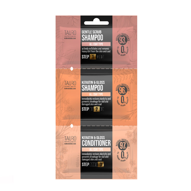 TAURO PRO LINE Ultra Natural Care Gentle Scrub + Keratin &amp; Gloss sample set, dog and cat coat and skin shampoo and conditioner sample set, 1 x 6 ml, 1 x 8 ml, 1 x 4 ml
