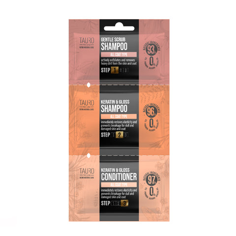 TAURO PRO LINE Ultra Natural Care Gentle Scrub + Keratin & Gloss sample set, dog and cat coat and skin shampoo and conditioner sample set, 1 x 6 ml, 1 x 8 ml, 1 x 4 ml