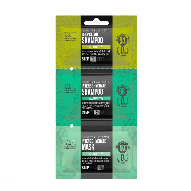 TAURO PRO LINE Ultra Natural Care for White and Light Coats Deep Clean + Intense Hydrate sample set, dog and cat white and light coat and skin shampoo and mask sample set, 1 x 6 ml, 1 x 8 ml, 1 x 4 ml