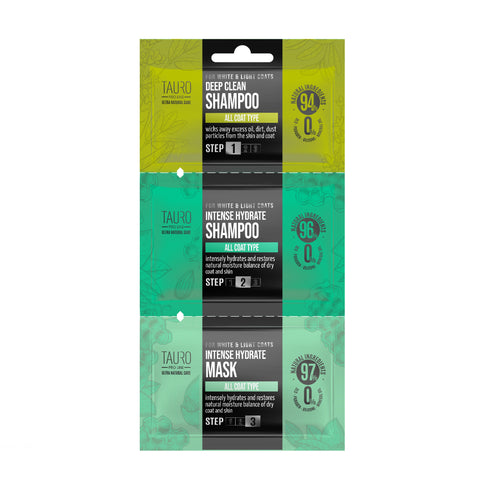 TAURO PRO LINE Ultra Natural Care for White and Light Coats Deep Clean + Intense Hydrate sample set, dog and cat white and light coat and skin shampoo and mask sample set, 1 x 6 ml, 1 x 8 ml, 1 x 4 ml