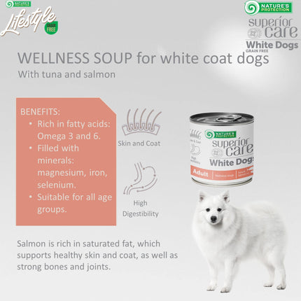 Nature's Protection Superior Care White Dogs Nahrungsergänzung - Suppe für erwachsene Hunde, Alle Rassen, mit Lachs und Thunfisch, 140ml
